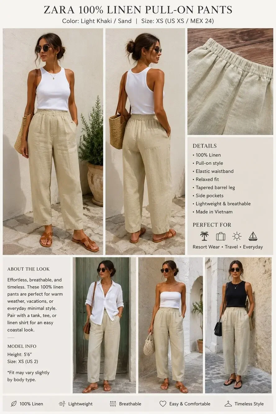 Zara 100% Linen Light Khaki Barrel Pants Size XS
